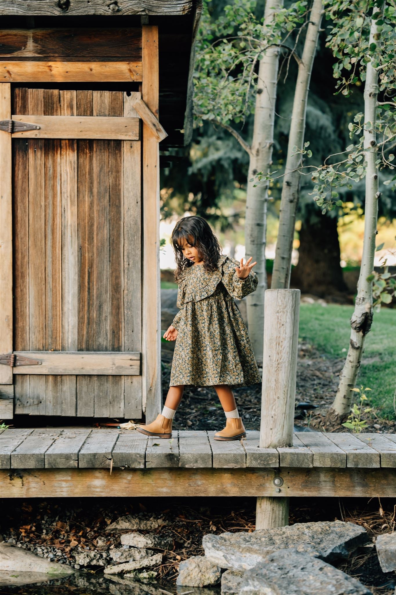 venetian floral long-sleeve ruffle cotton dress