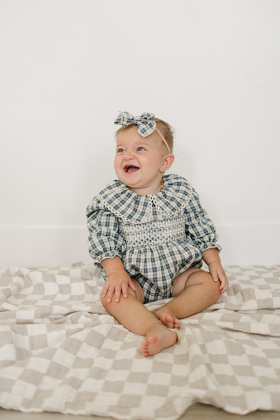 blue plaid ruffle collar bubble romper