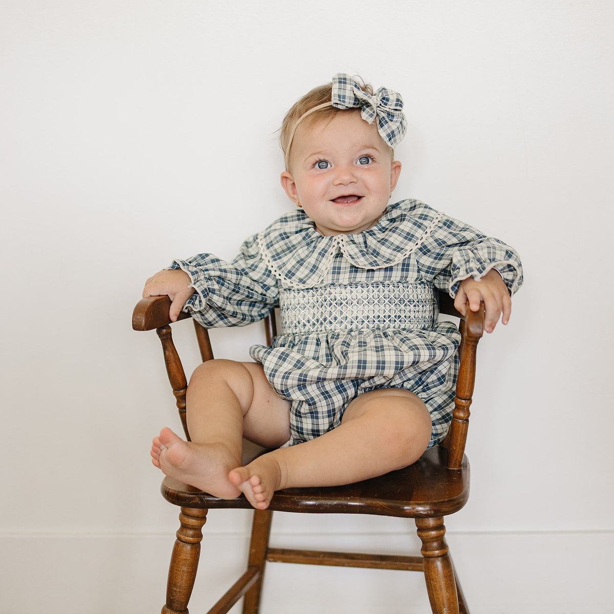 blue plaid ruffle collar bubble romper