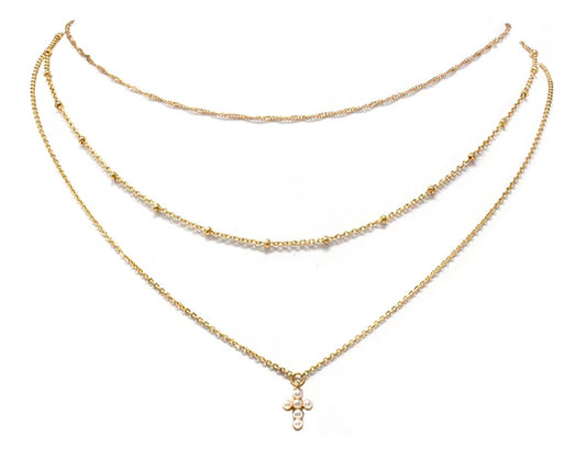 stacked necklace set // gold chain + dainty pearl cross // for women