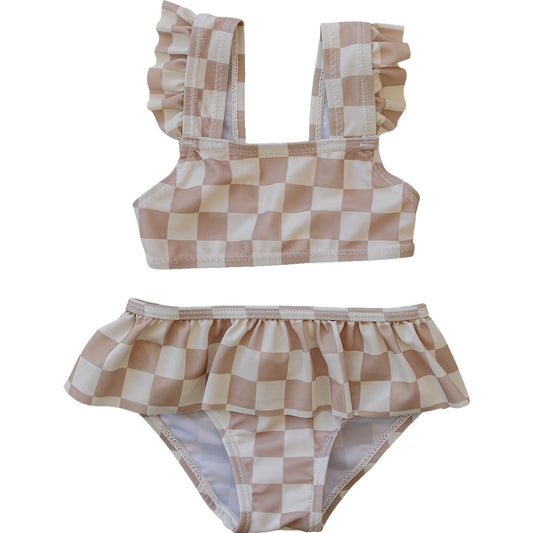 ruffle bikini set // taupe checkered