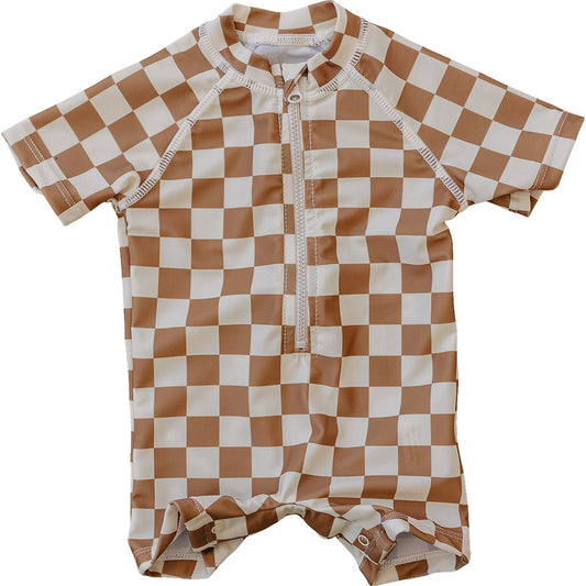 one piece zipper swimsuit // rust checkered