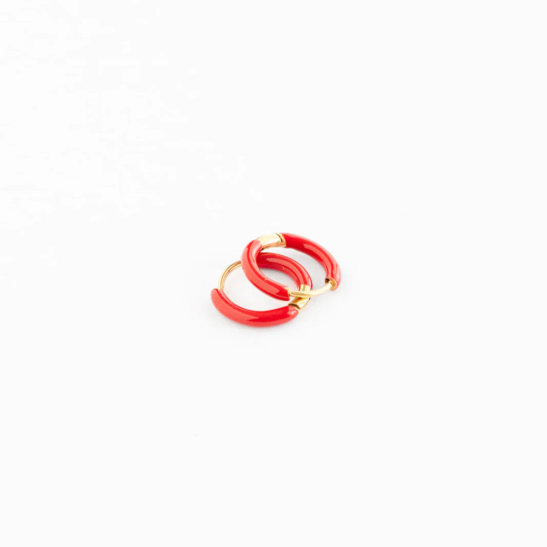 red enamel huggie hoops // 18k gold