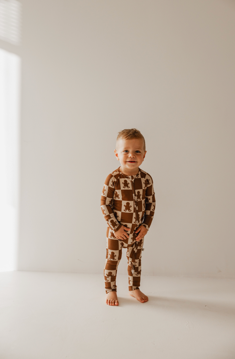 gingerbread checkerboard bamboo pajamas // ZIPPY (*matching women’s available*)