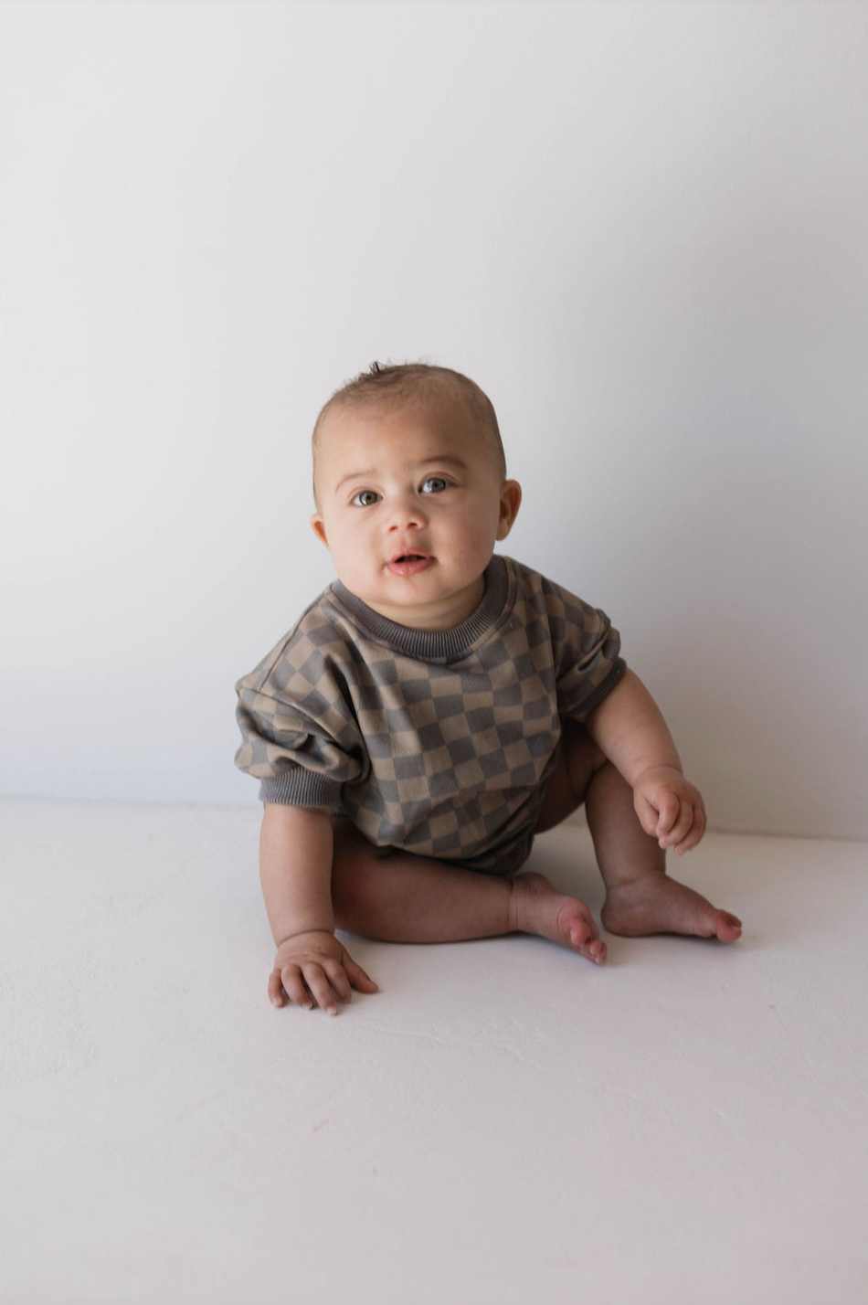 short sleeve romper // faded brown checkerboard