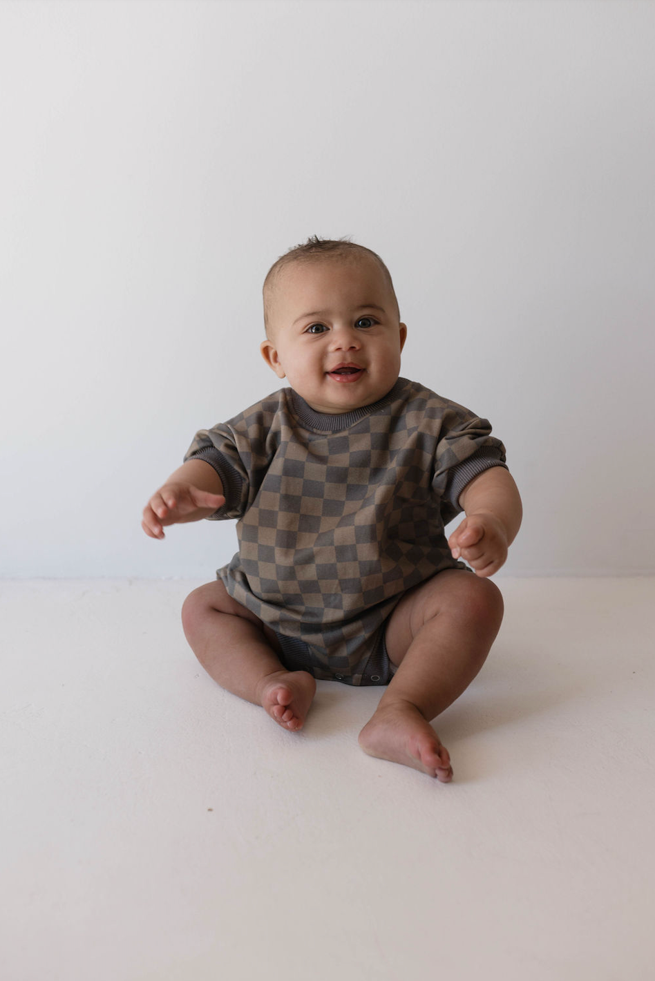 short sleeve romper // faded brown checkerboard