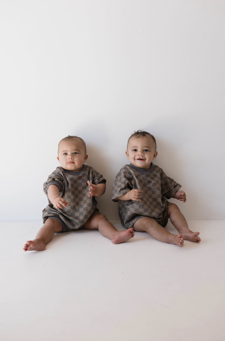 short sleeve romper // faded brown checkerboard