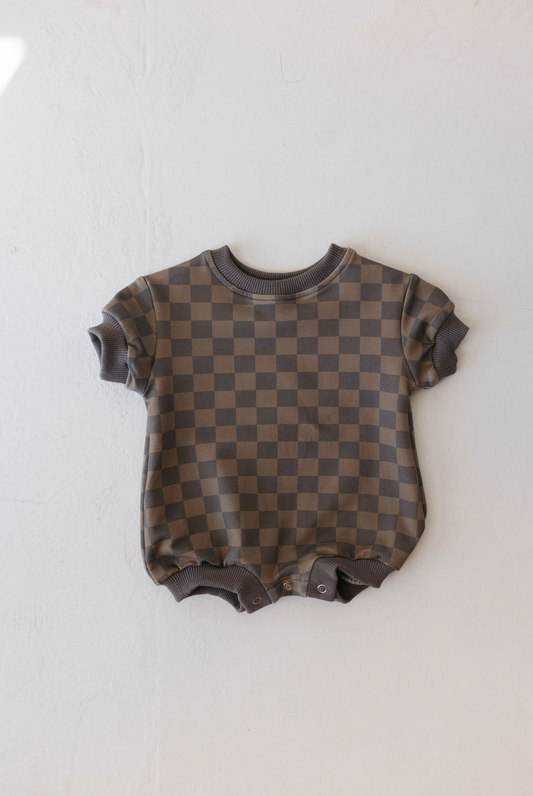short sleeve romper // faded brown checkerboard