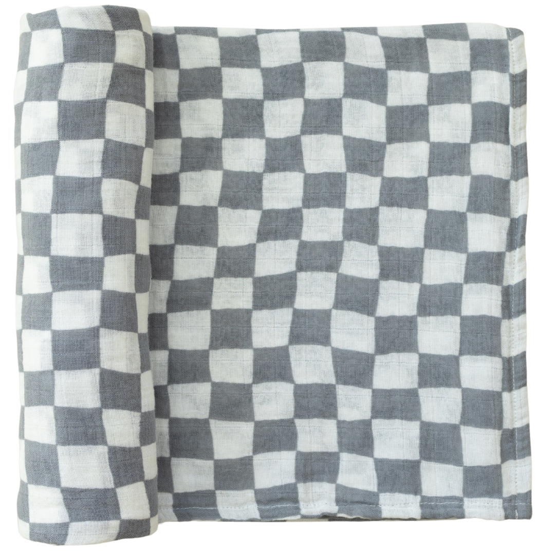 muslin swaddle blanket // dusty blue wavy checkered
