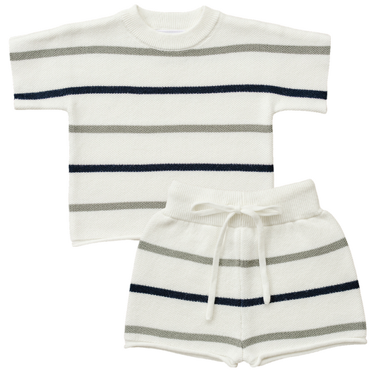 sage + navy stripe knit set