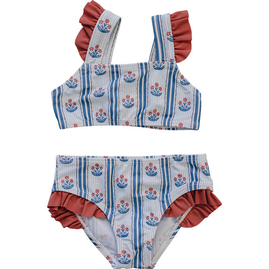 block print floral ruffle bikini set