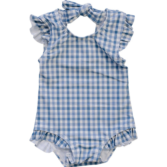light blue gingham one-piece swimsuit