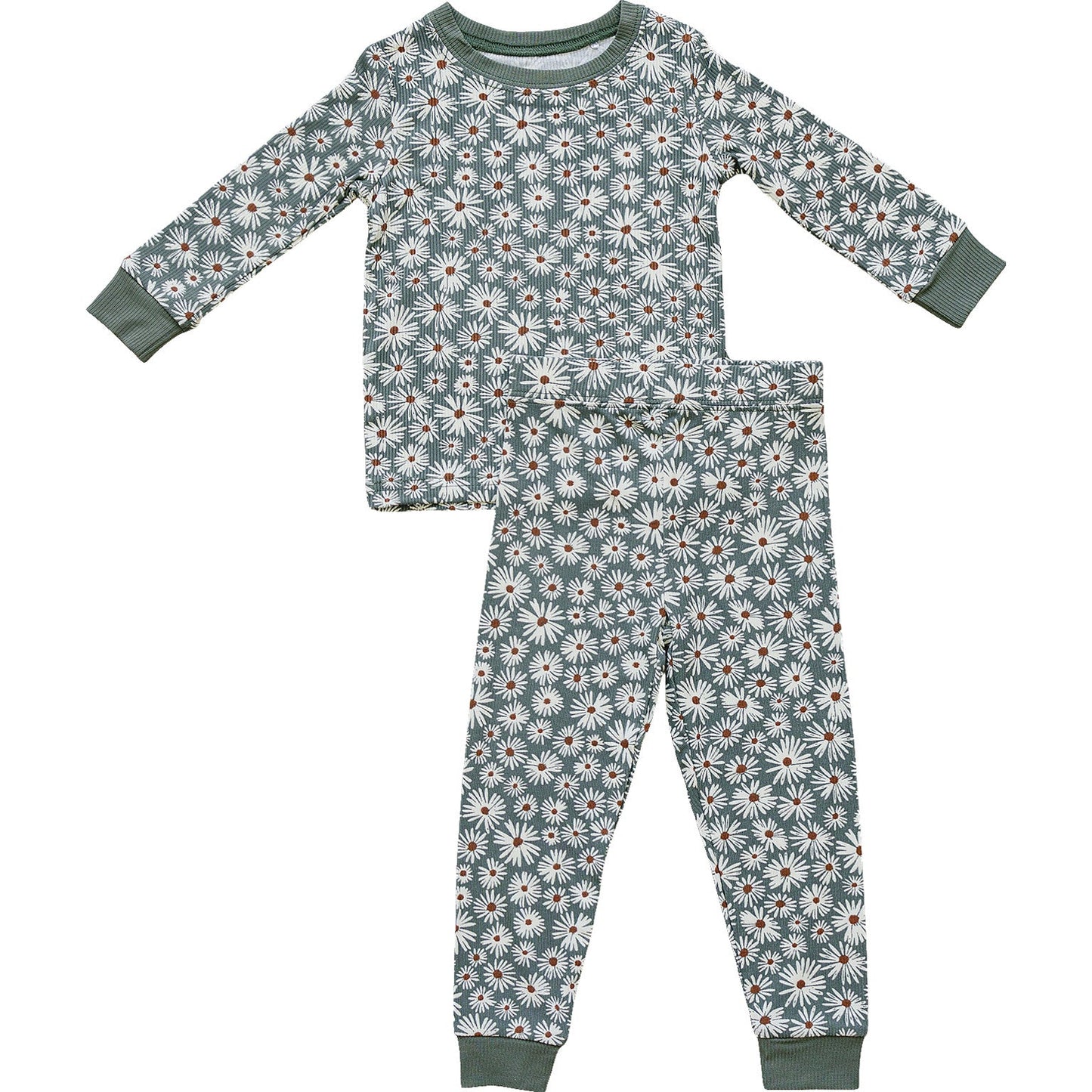 dark green daisy ribbed bamboo pajamas // LONG-SLEEVE TWO-PIECE SET