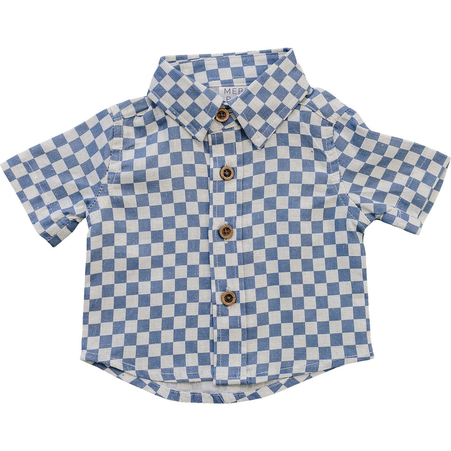blue checkered linen button-up shirt