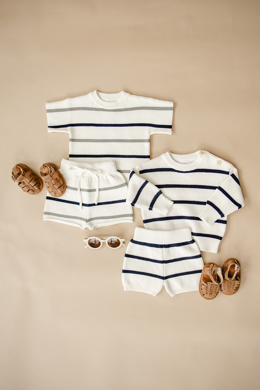 sage + navy stripe knit set