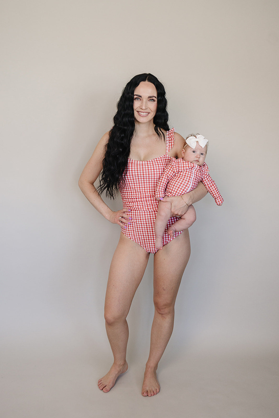 gingham long-sleeve ruffle zipper one-piece swimsuit