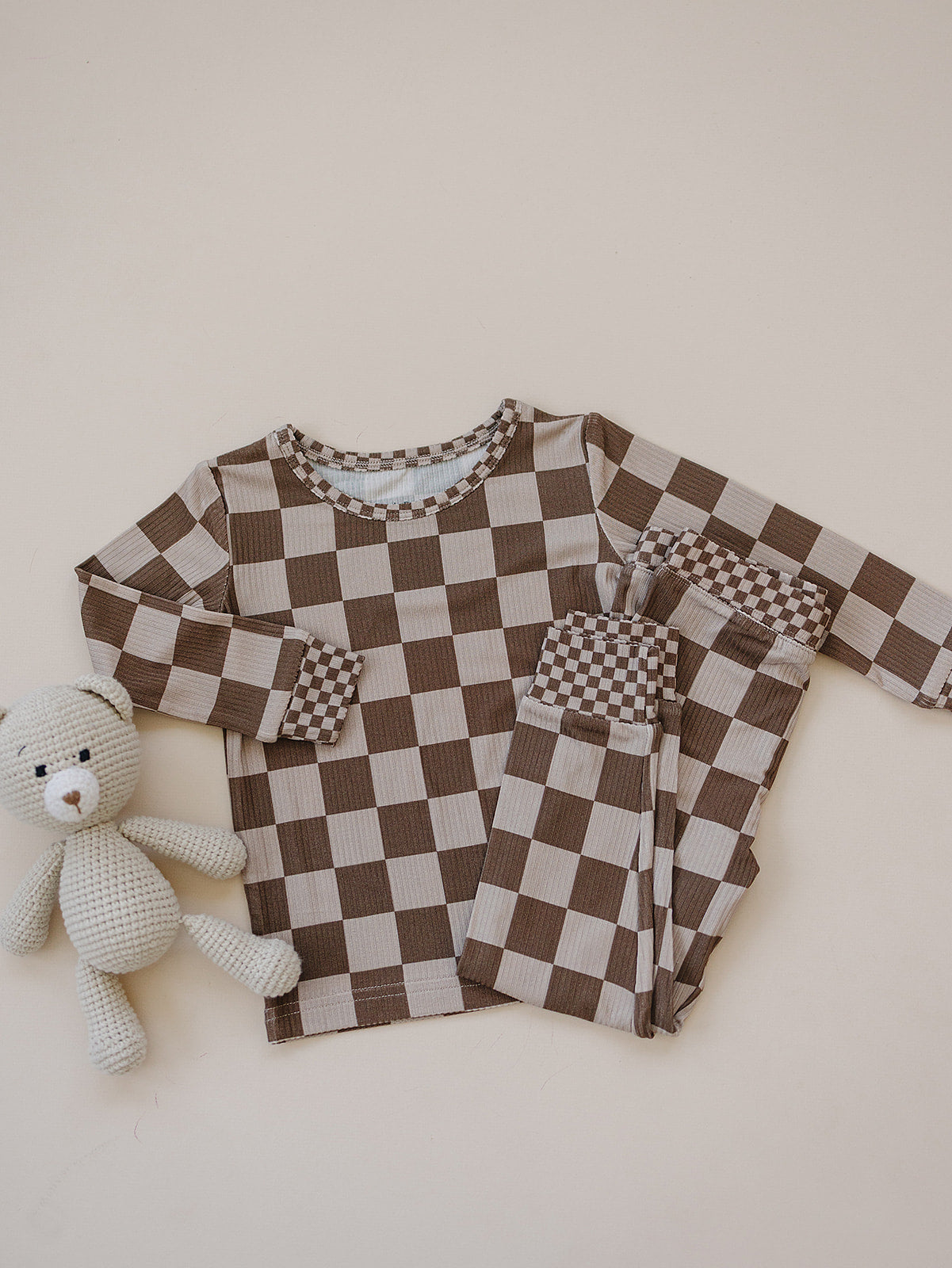 latte checkered ribbed bamboo pajamas // LONG-SLEEVE TWO-PIECE SET