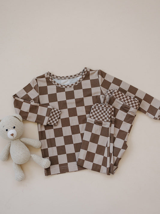 latte checkered ribbed bamboo pajamas // LONG-SLEEVE TWO-PIECE SET