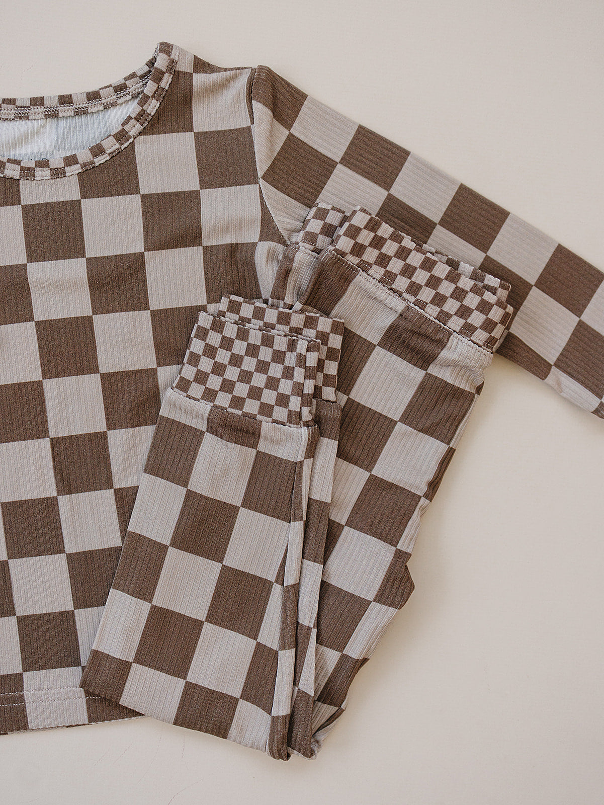 latte checkered ribbed bamboo pajamas // LONG-SLEEVE TWO-PIECE SET