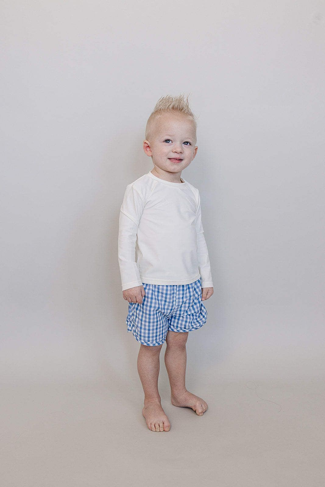 light blue gingham swim shorts