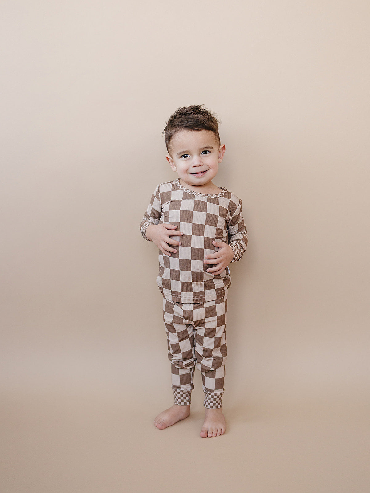 latte checkered ribbed bamboo pajamas // LONG-SLEEVE TWO-PIECE SET