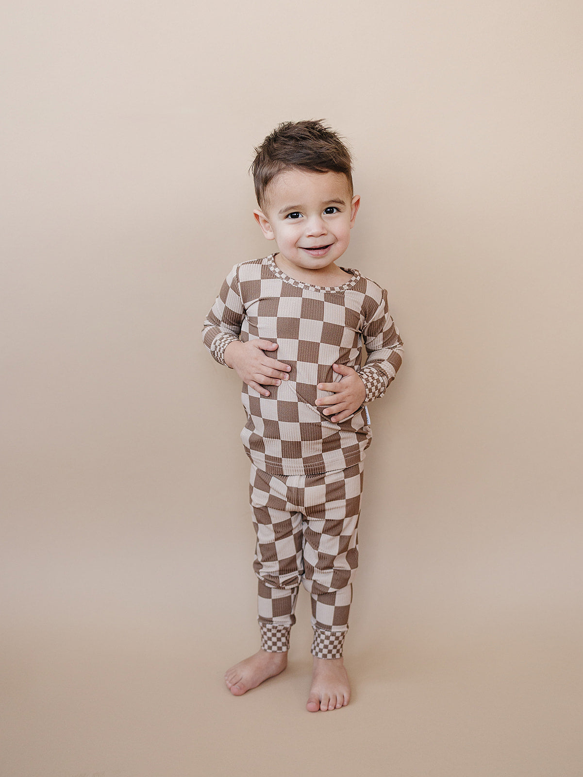 latte checkered ribbed bamboo pajamas // LONG-SLEEVE TWO-PIECE SET