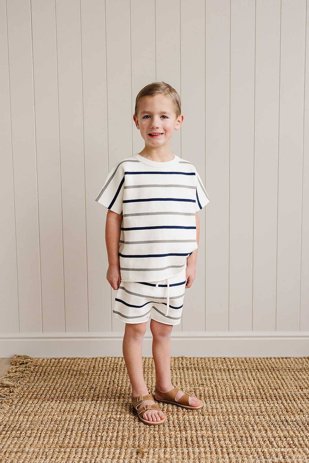 sage + navy stripe knit set