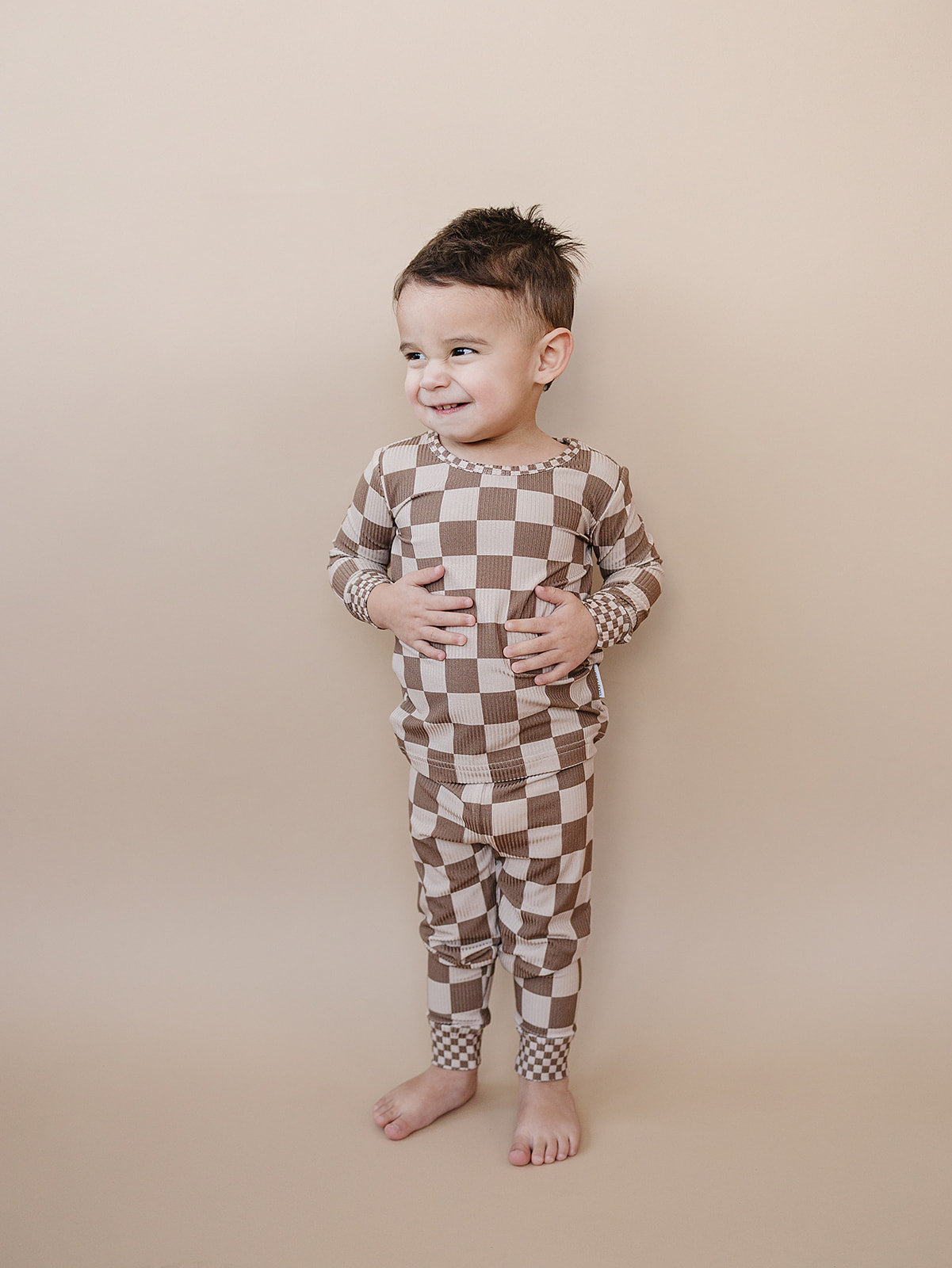 latte checkered ribbed bamboo pajamas // LONG-SLEEVE TWO-PIECE SET