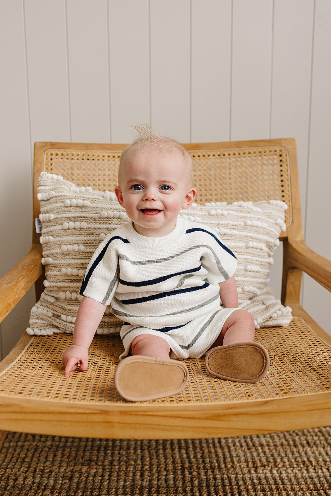 sage + navy stripe knit set