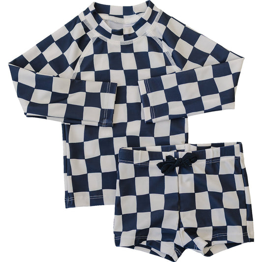 long-sleeve swim set // wavy checkered