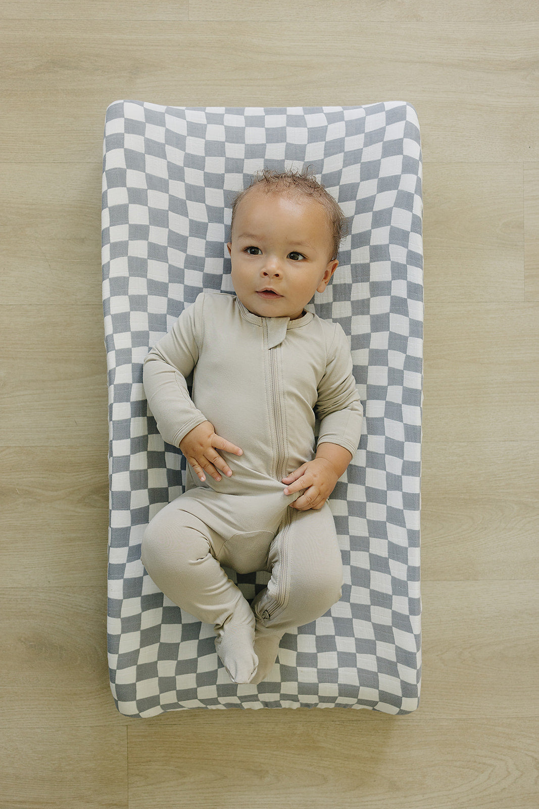 muslin changing pad cover // dusty blue wavy checkered
