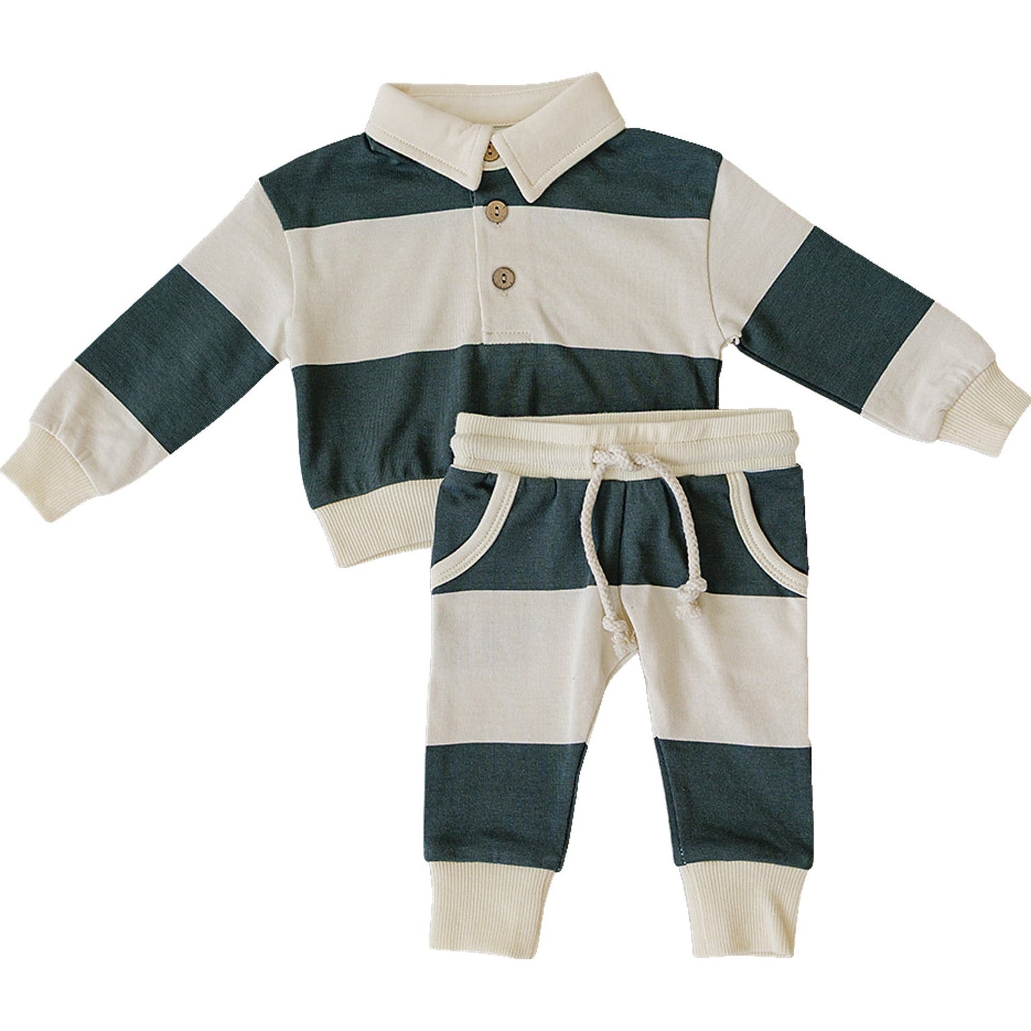 green stripe collared french terry set