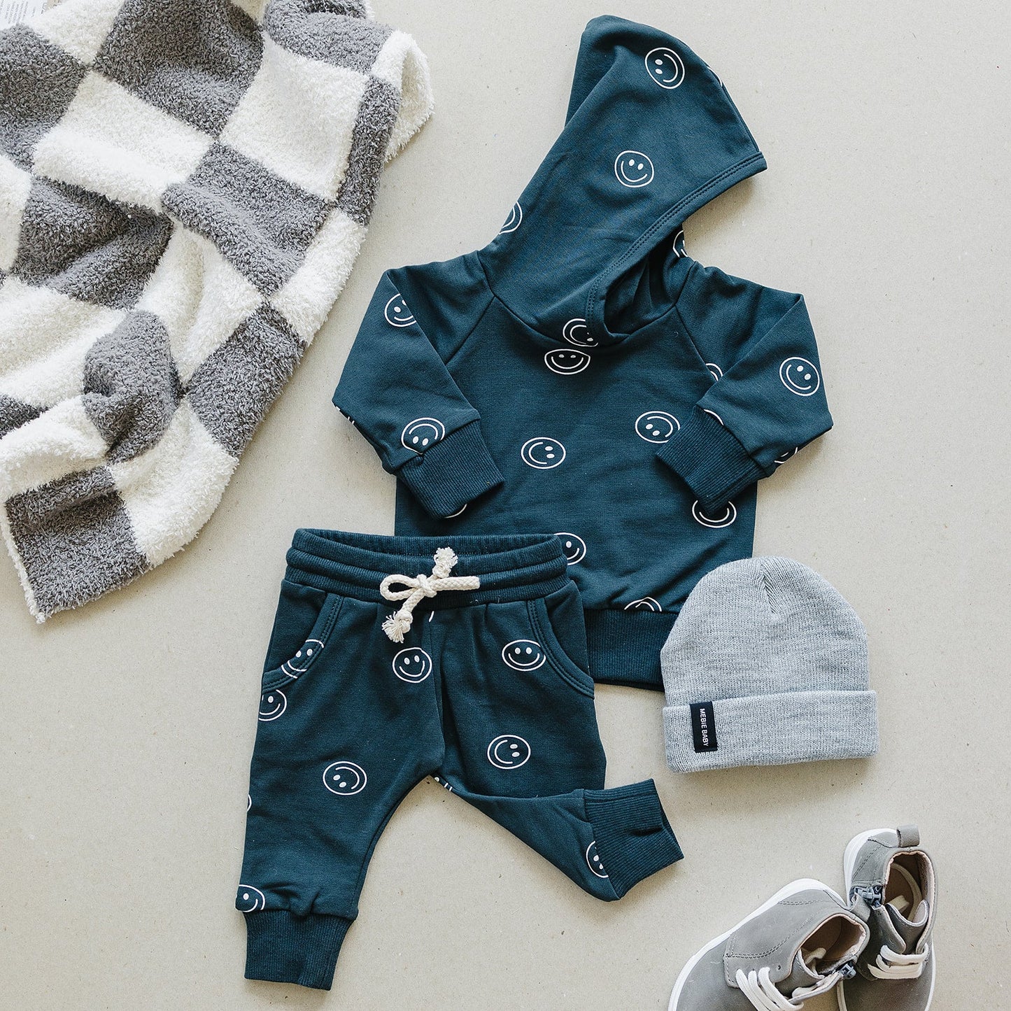 dark teal smiley hooded french terry set