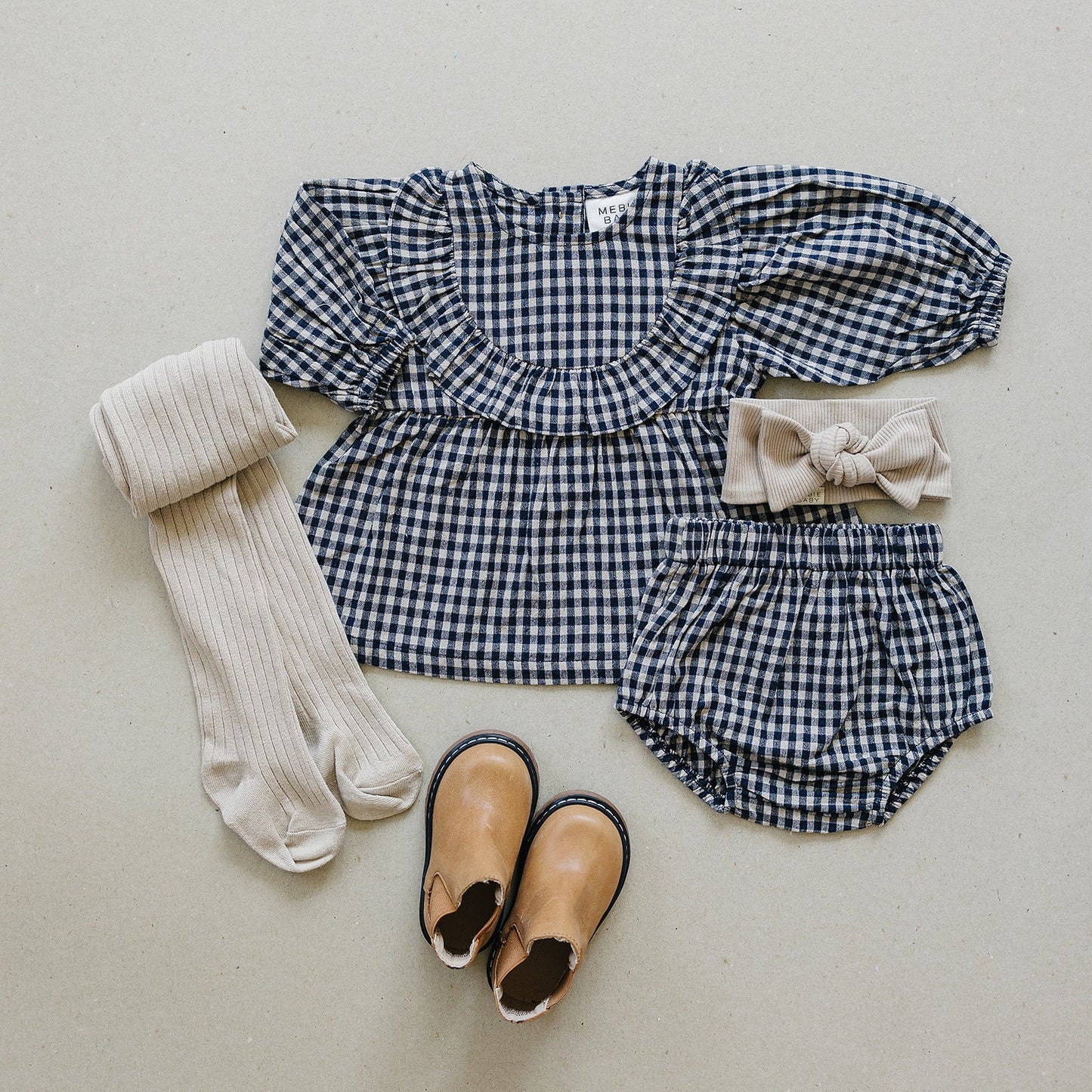 gingham long-sleeve ruffle linen dress