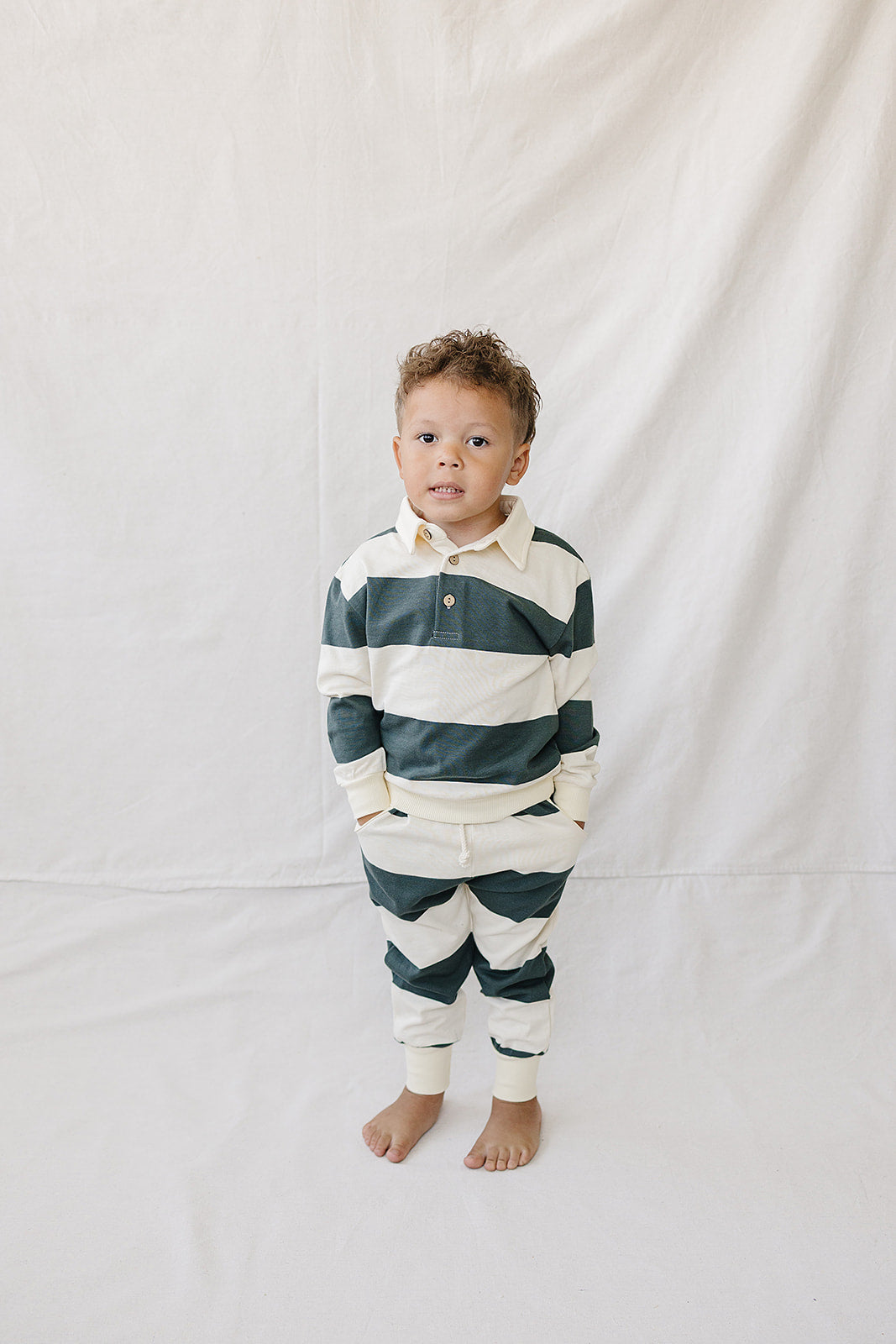 green stripe collared french terry set