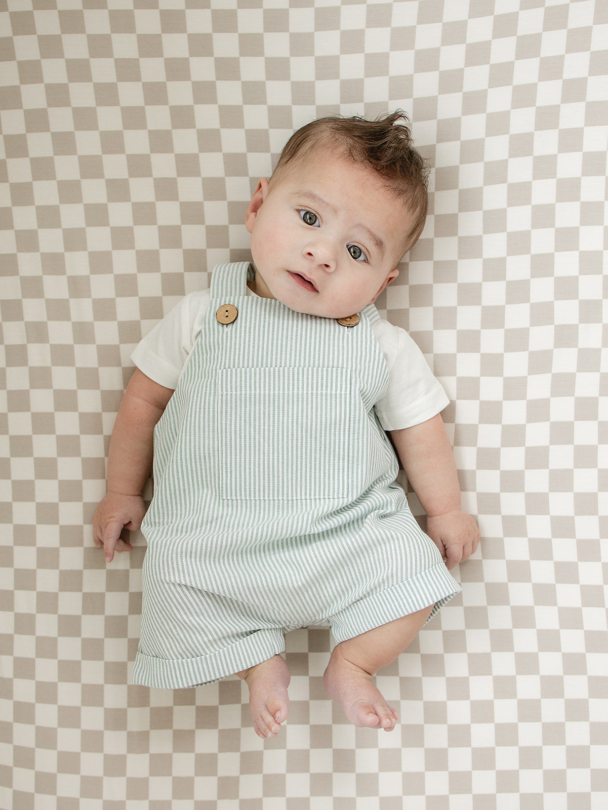 green stripe linen overalls