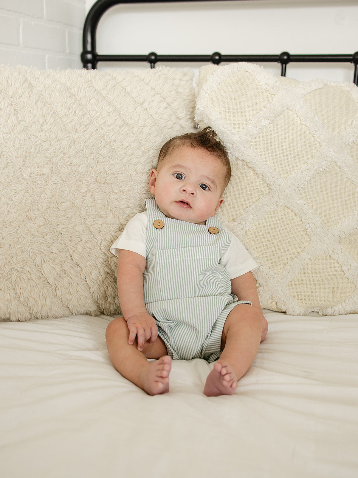 green stripe linen overalls