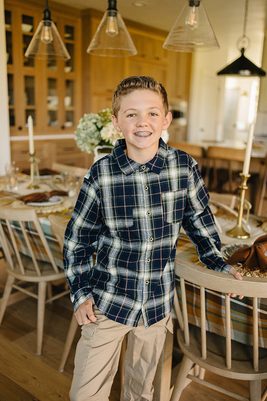 navy plaid button-up shirt