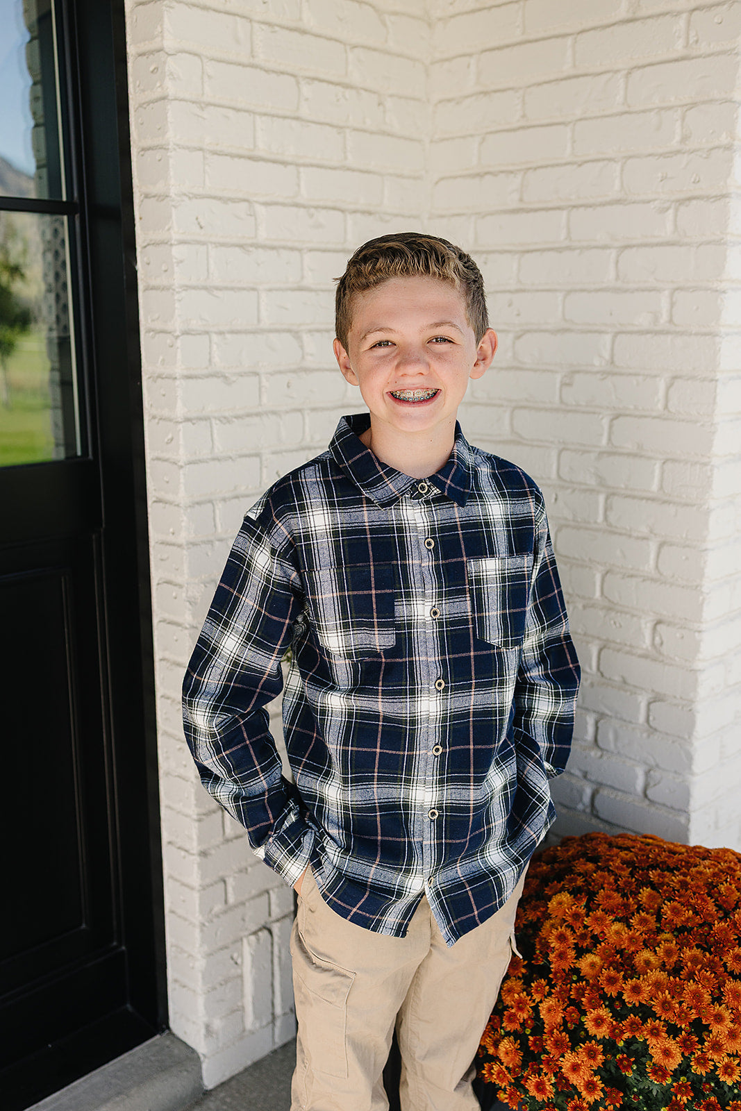 navy plaid button-up shirt