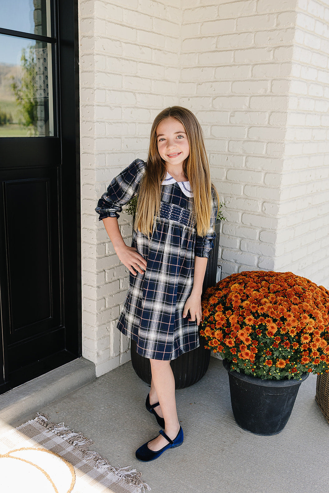 navy plaid smocked dress