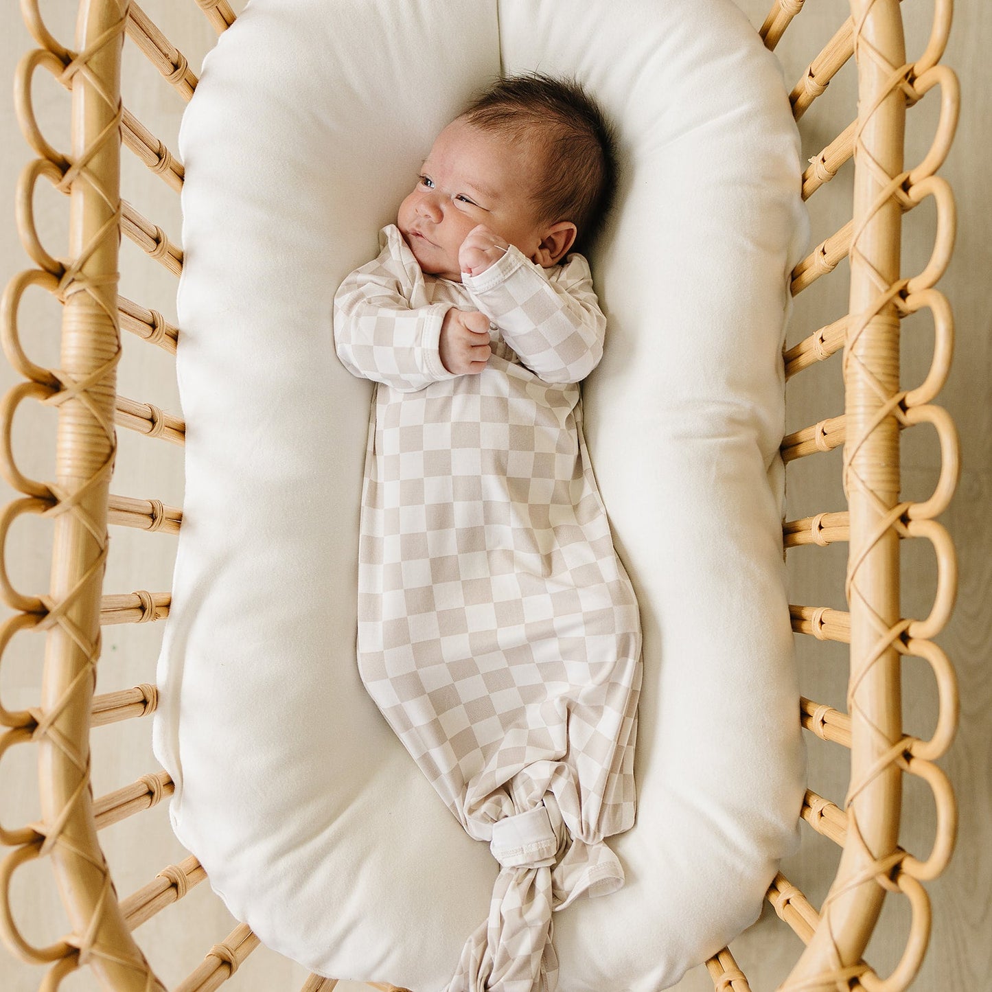 bamboo knot gown // taupe checkered