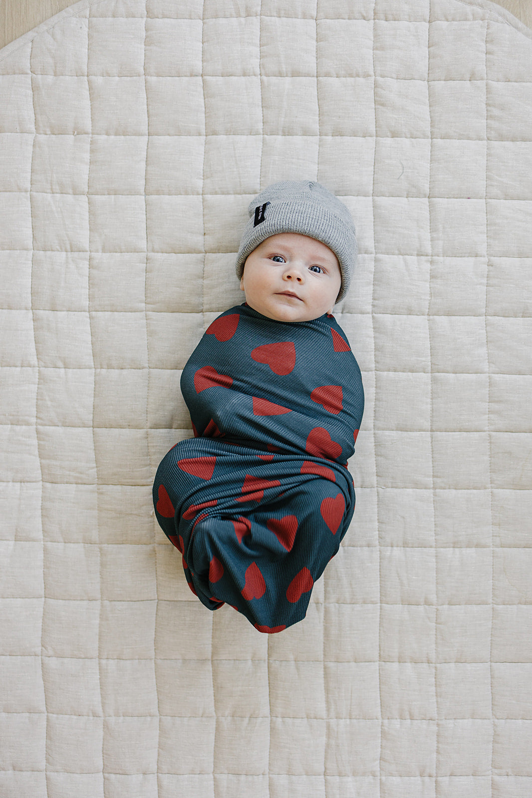 bamboo stretch swaddle // navy + red hearts