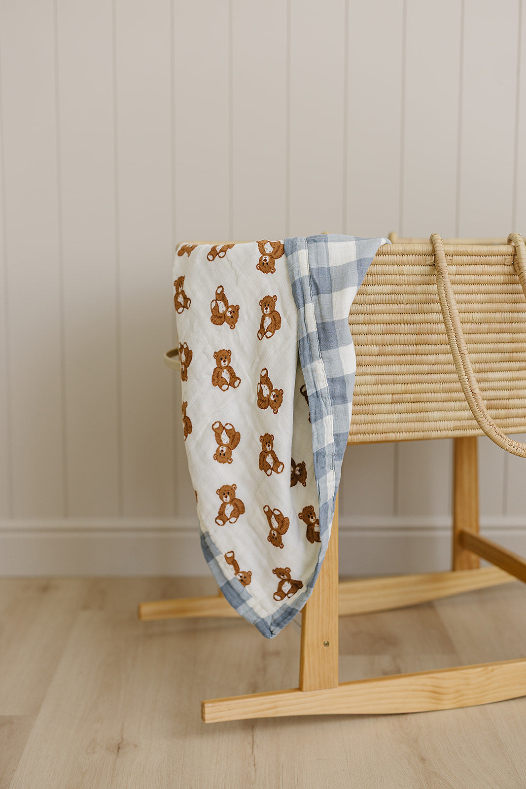 muslin quilt // dusty blue gingham + teddy bear