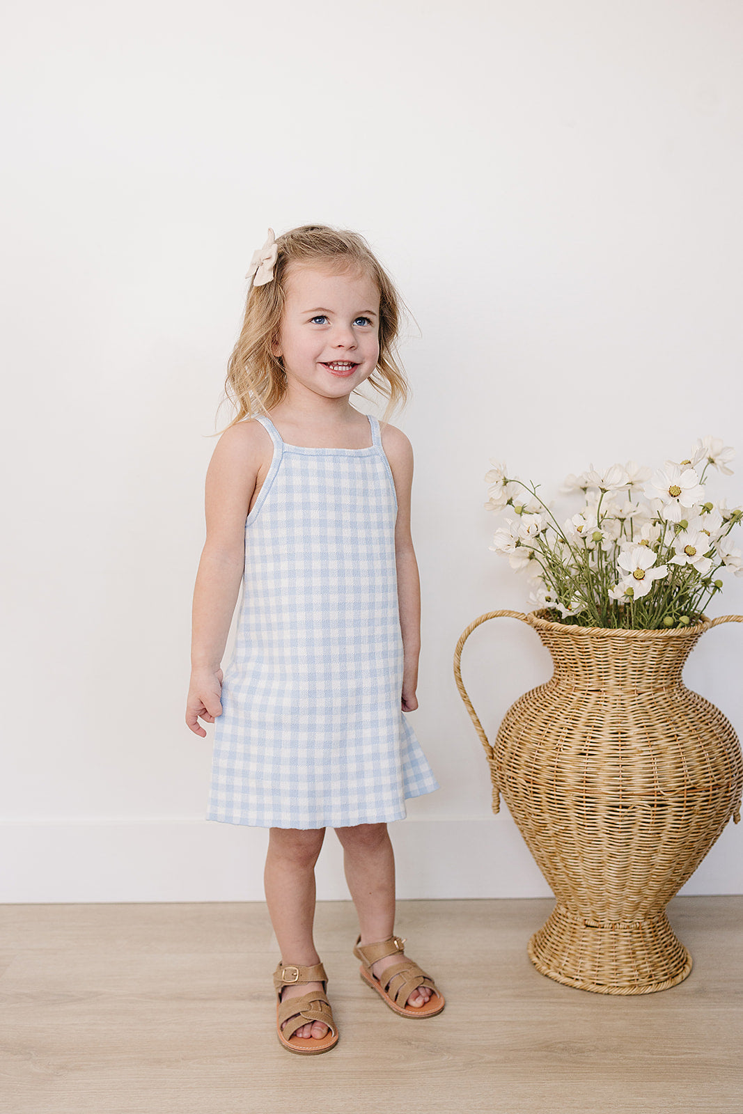 blue knit gingham dress