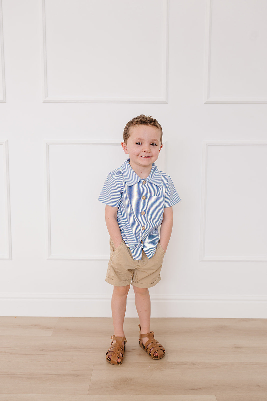 blue stripe button-up pocket shirt