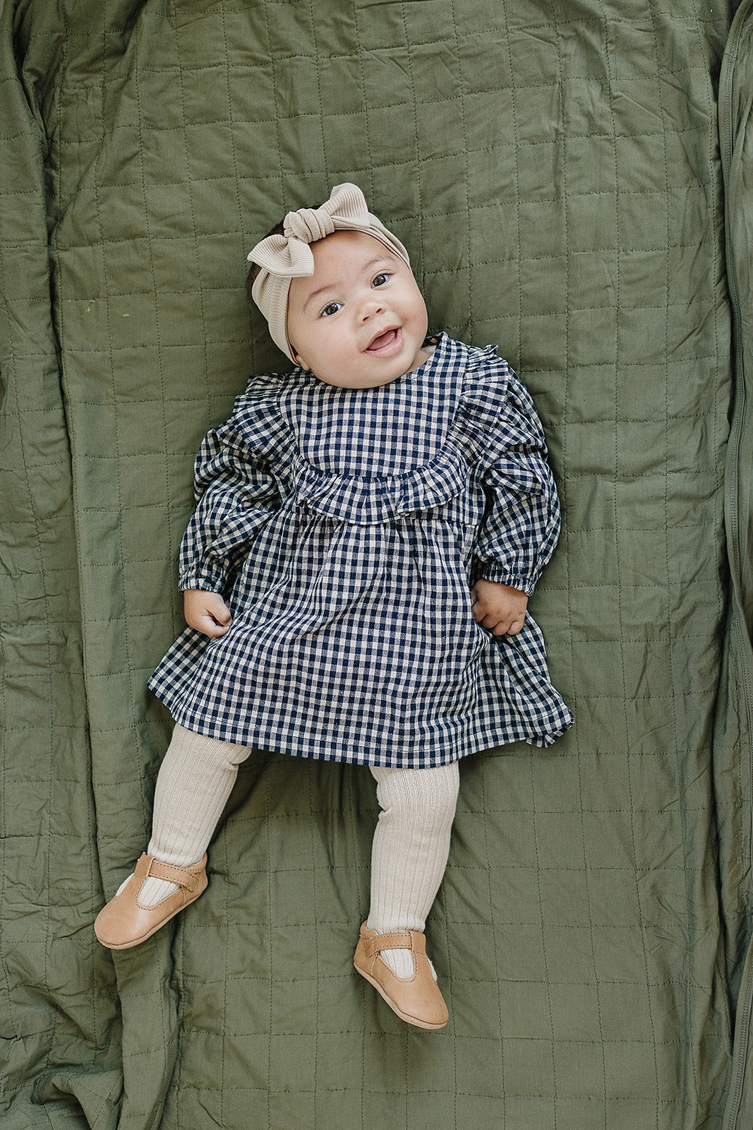 gingham long-sleeve ruffle linen dress