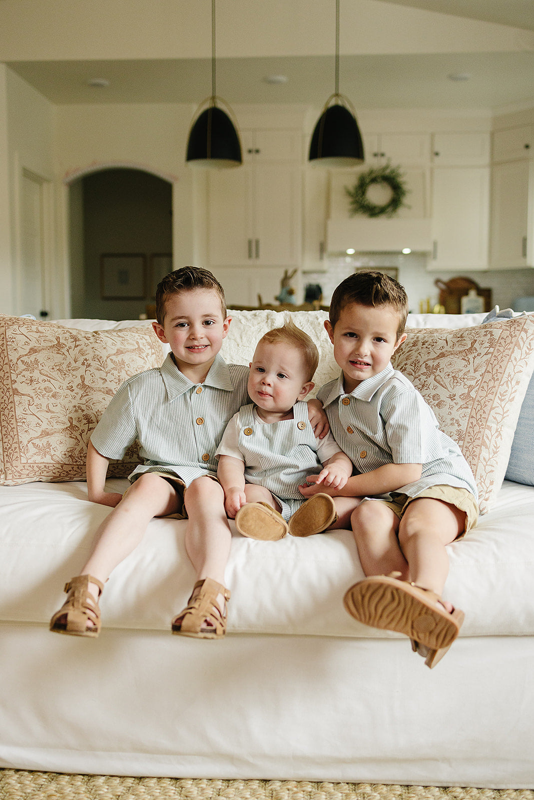 green stripe linen overalls