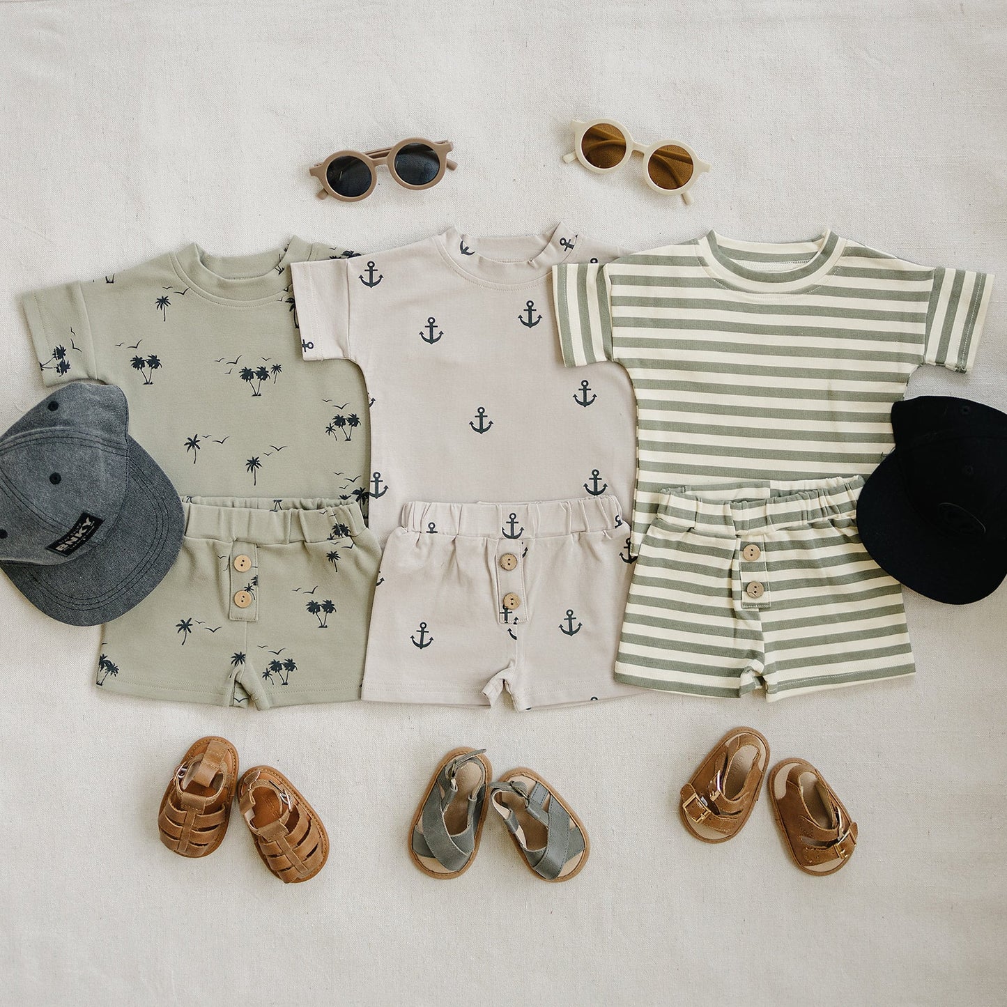 sage stripe button shorts set