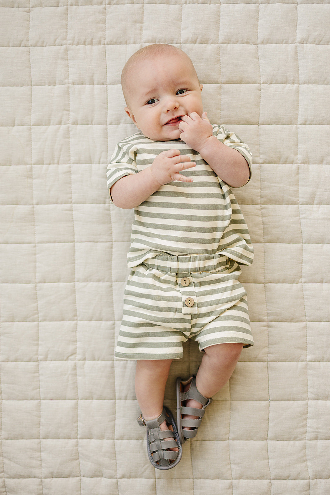 sage stripe button shorts set