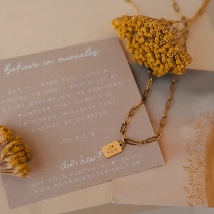 mini tag necklace // believe in miracles (14k gold)